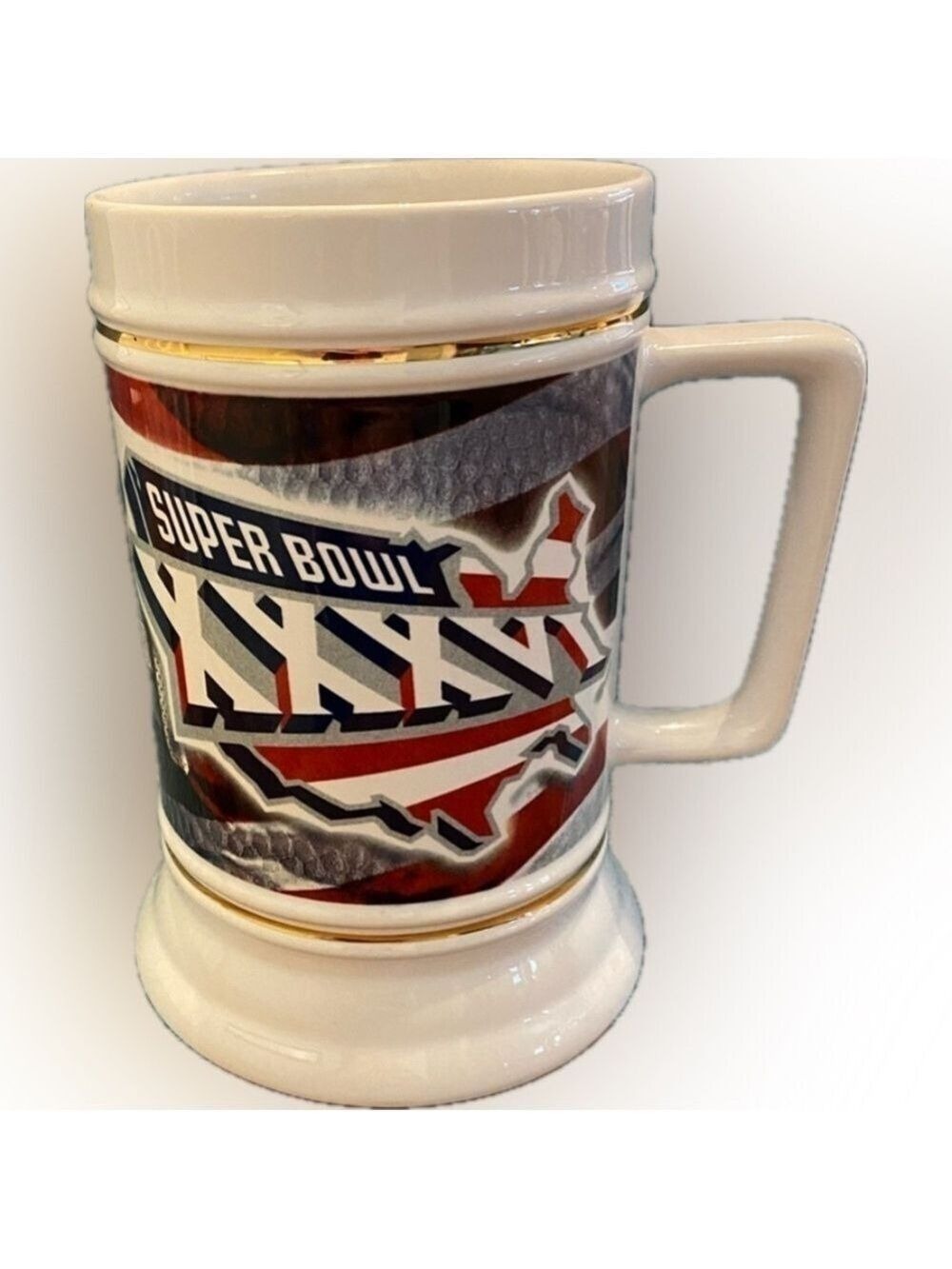 NFL Super Bowl XXXVI white ceramic Stein. New Orleans February 2002. New England